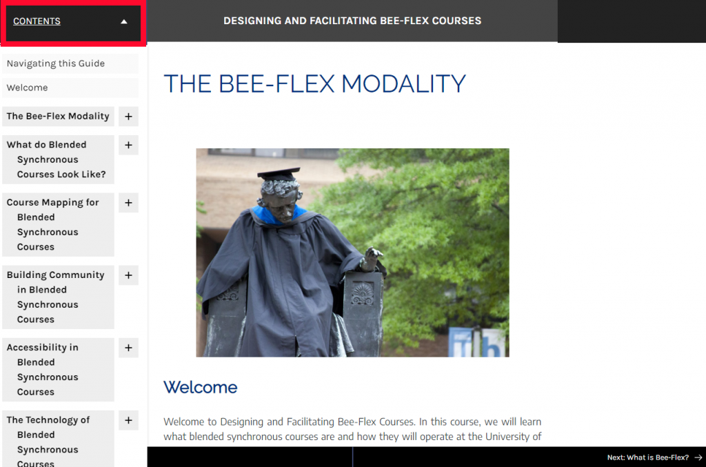 Screenshot showing the expanded table of contents